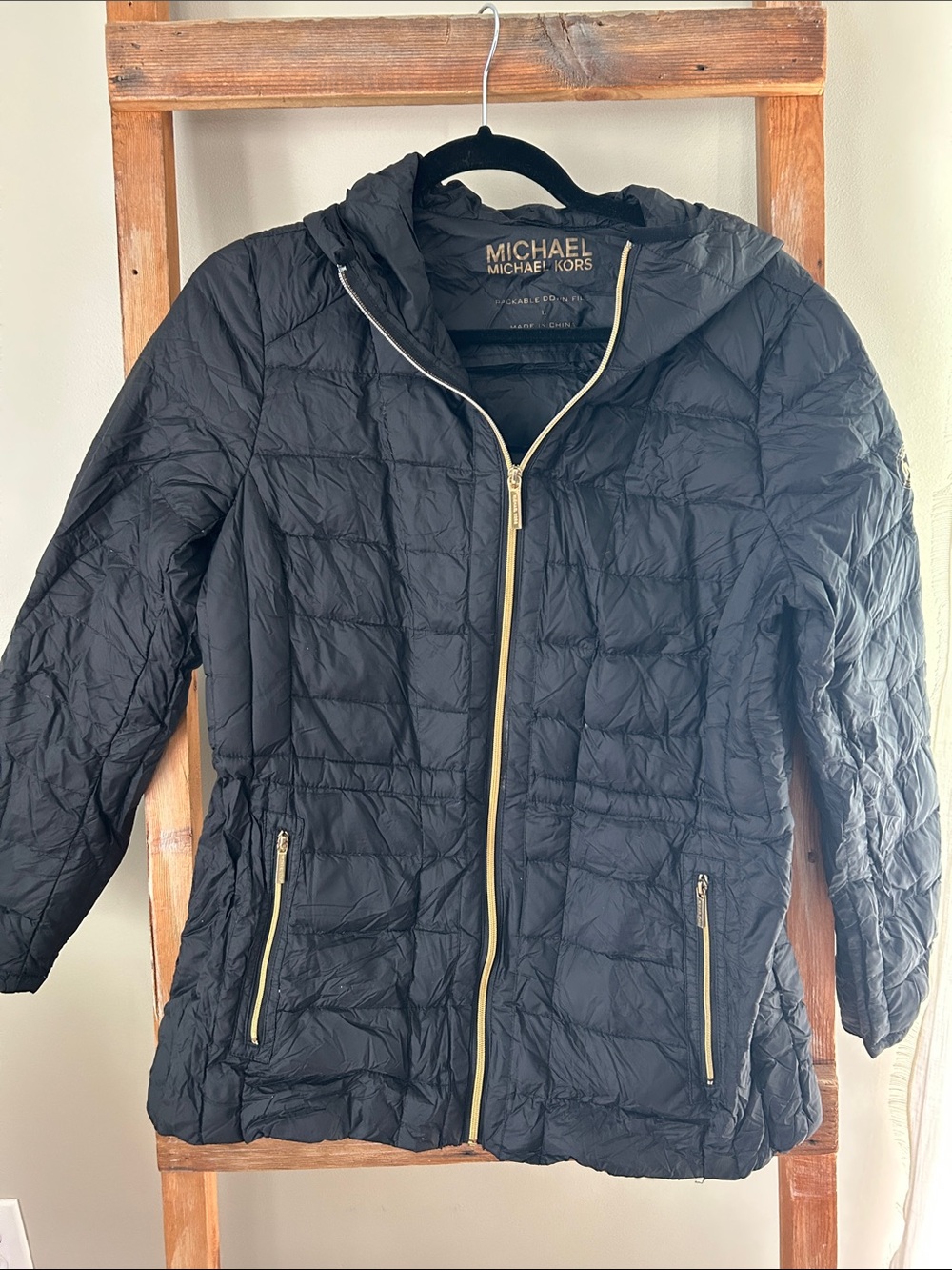 MICHAEL Michael Kors Black Puffer Jacket with Gold Zippers